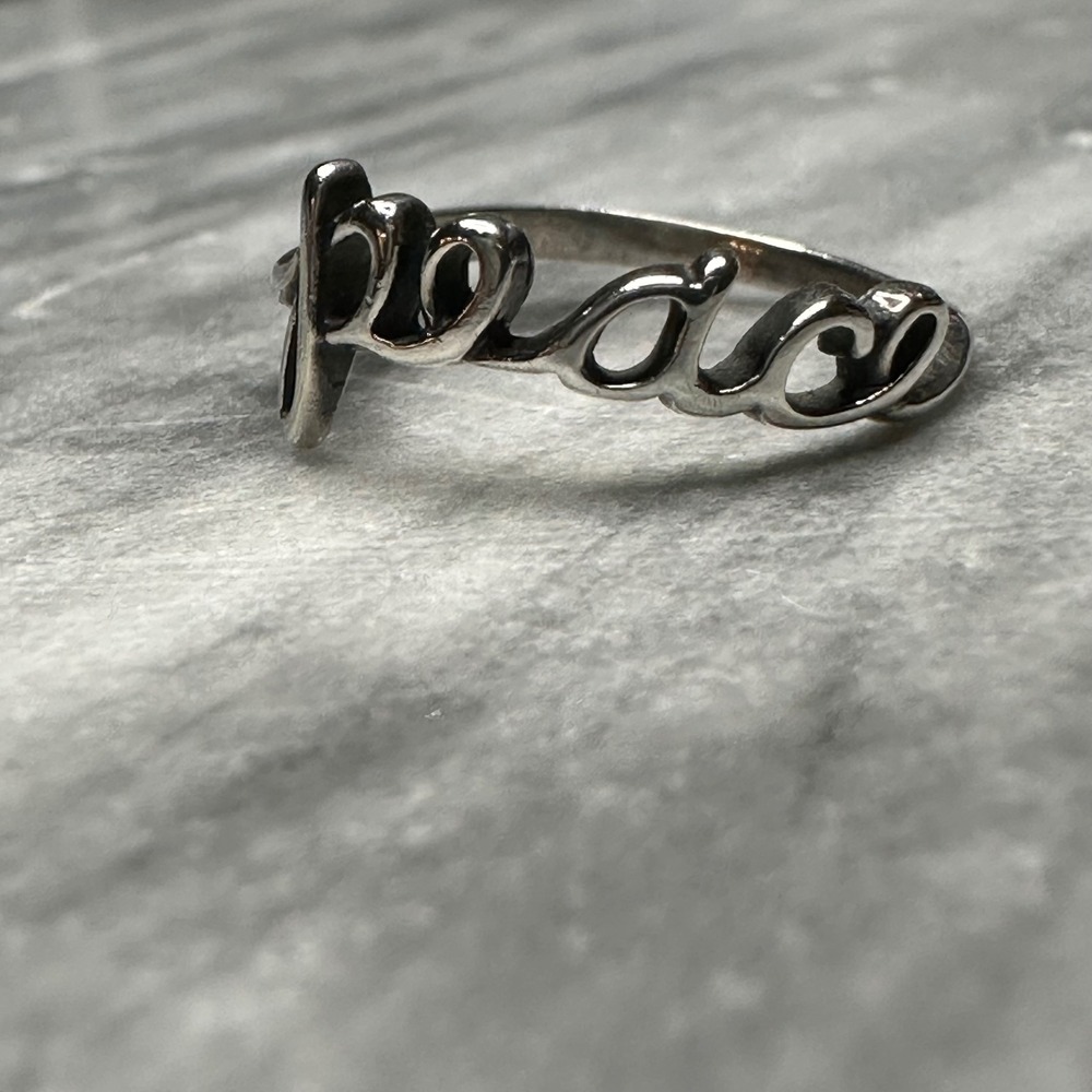 925‎ Sterling Silver Peace Script Ring Cursive Message Band Size 5.5